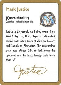 1996 Mark Justice Biography Card [World Championship Decks] | North Game Den