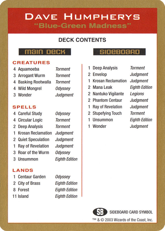 Dave Humpherys Decklist [World Championship Decks 2003] | North Game Den