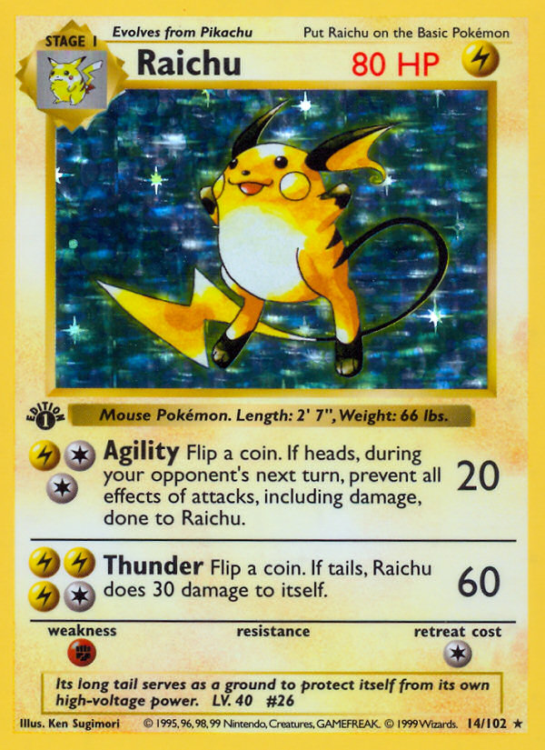 Raichu (14/102) (Shadowless) [Base Set 1st Edition] | North Game Den