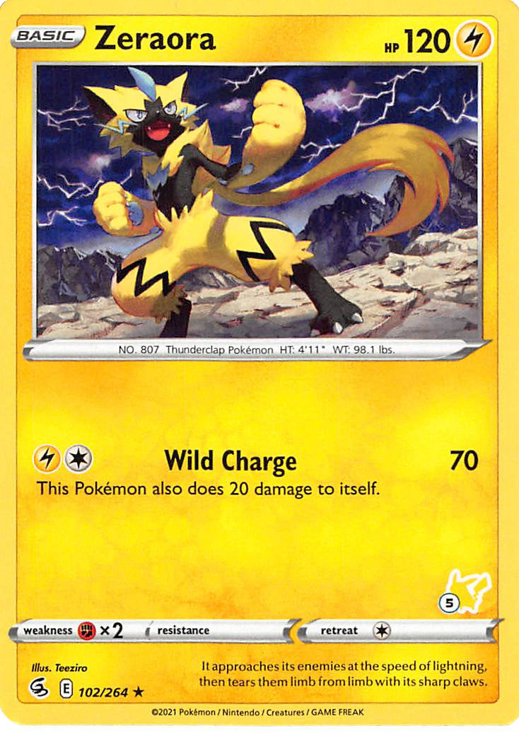 Zeraora (102/264) (Pikachu Stamp #5) [Battle Academy 2022] | North Game Den