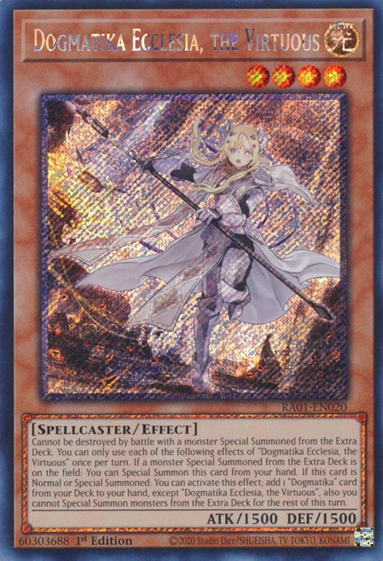 Dogmatika Ecclesia, the Virtuous [RA01-EN020] Platinum Secret Rare | North Game Den