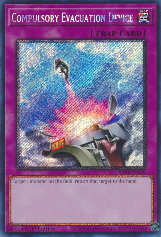 Compulsory Evacuation Device [RA01-EN069] Platinum Secret Rare | North Game Den