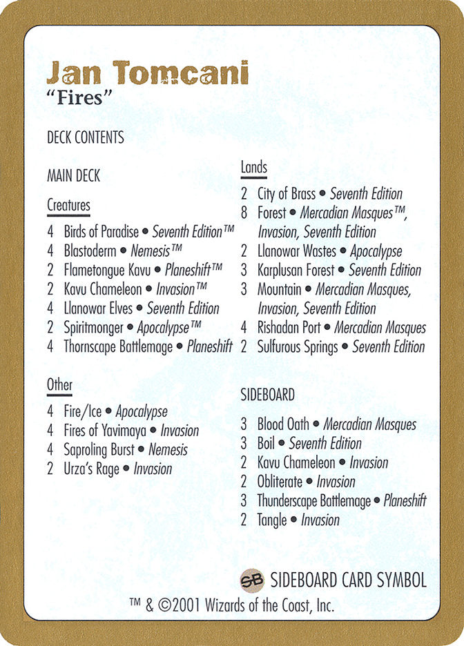 Jan Tomcani Decklist [World Championship Decks 2001] | North Game Den