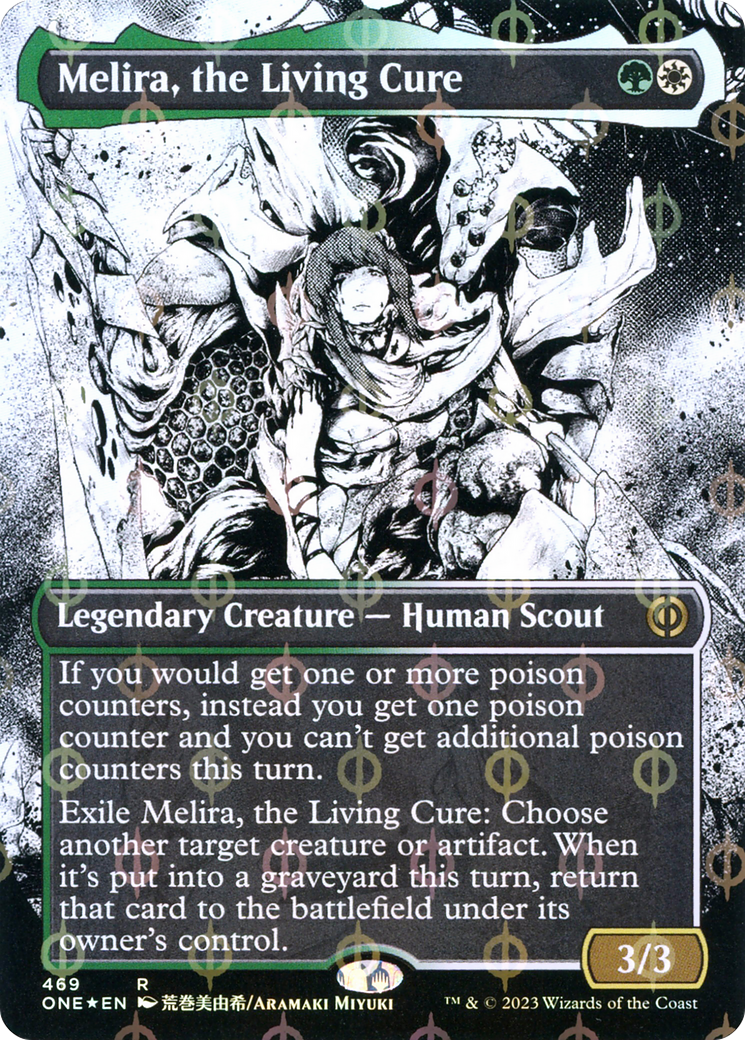 Melira, the Living Cure (Borderless Manga Step-and-Compleat Foil) [Phyrexia: All Will Be One] | North Game Den