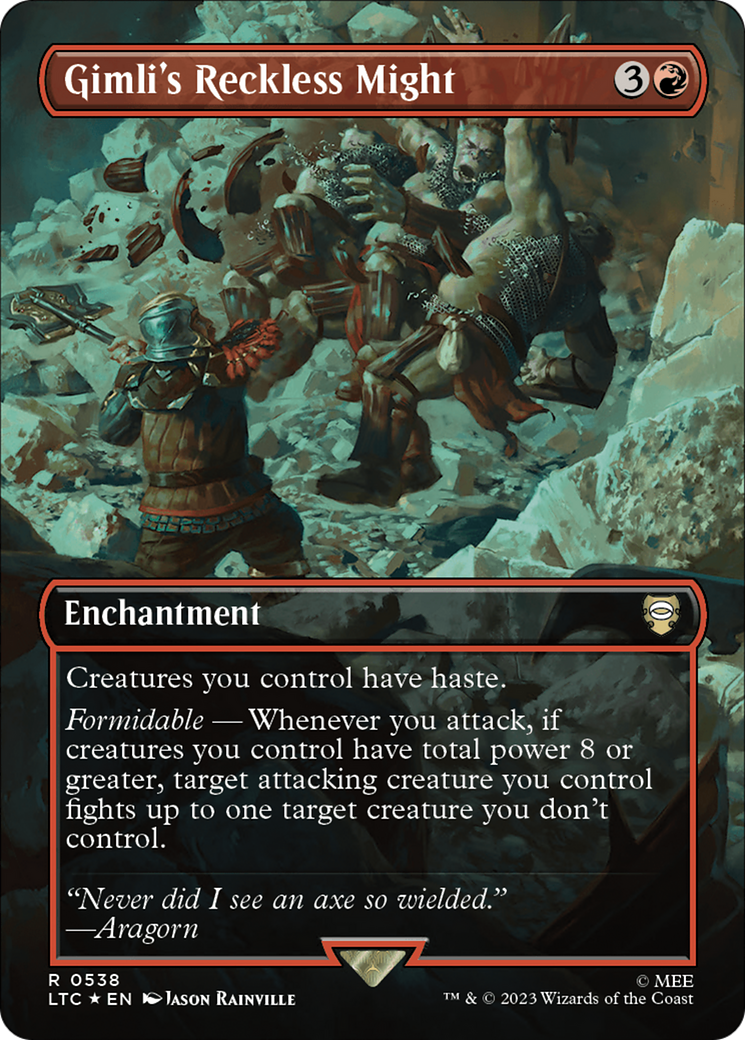 Gimli's Reckless Might (Borderless) (Surge Foil) [The Lord of the Rings: Tales of Middle-Earth Commander] | North Game Den