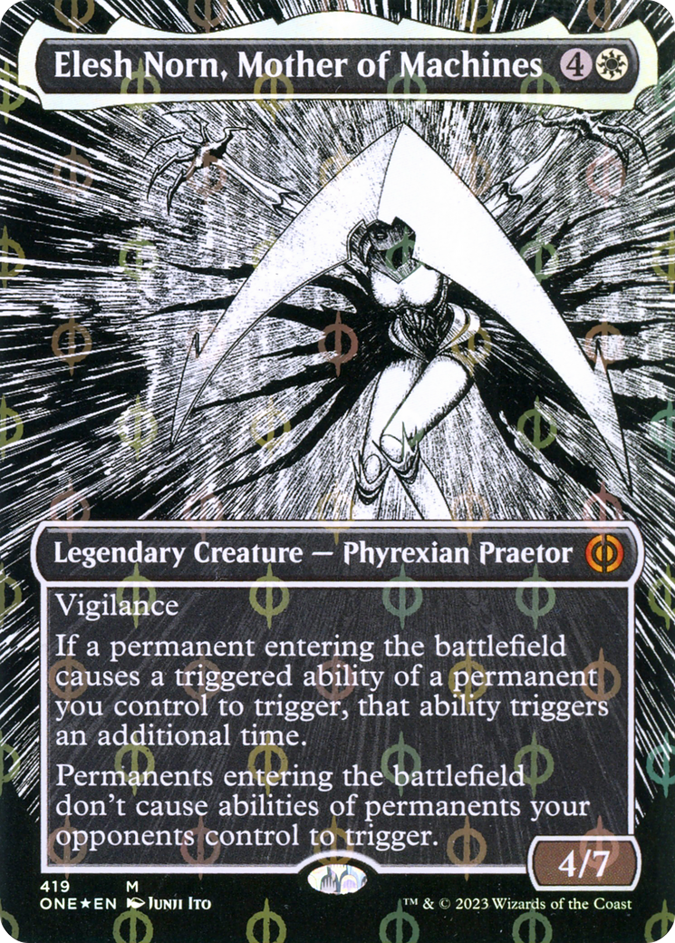 Elesh Norn, Mother of Machines (Borderless Manga Step-and-Compleat Foil) [Phyrexia: All Will Be One] | North Game Den