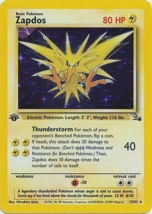 Zapdos (15/62) (Cosmos Holo) [Fossil 1st Edition] | North Game Den