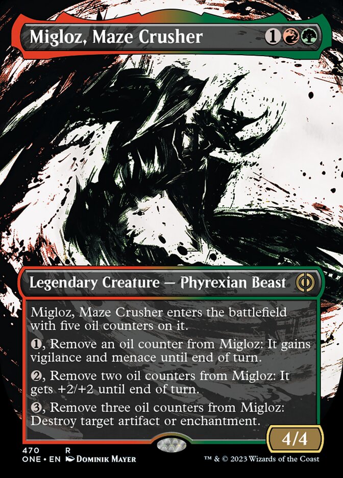 Migloz, Maze Crusher (Borderless Ichor Step-and-Compleat Foil) [Phyrexia: All Will Be One] | North Game Den